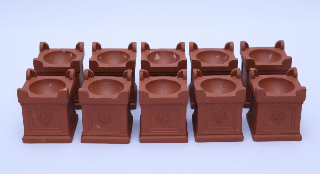Bio Blooms Agro India Pvt Ltd | Decorative Mud Lamps/Diyas, Traditional Design, Clay Brown, Handcrafted, Ornate Pattern, Indoor Temple Lighting (Tulasi, 05, Piece)
