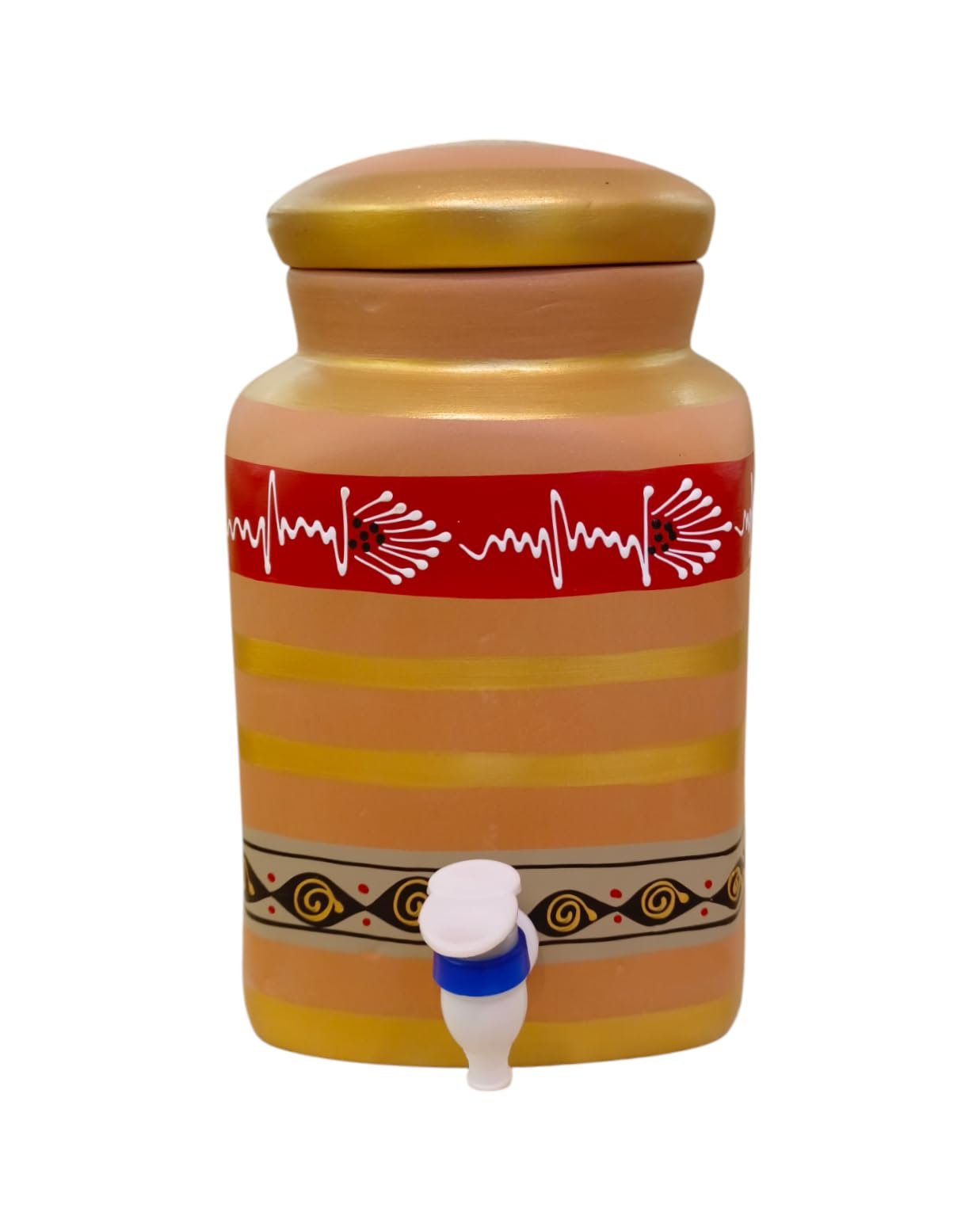 Nature's Stuff Painted Terracotta Clay Square Water Jar With Lid And Tap 4 Ltr Design 2