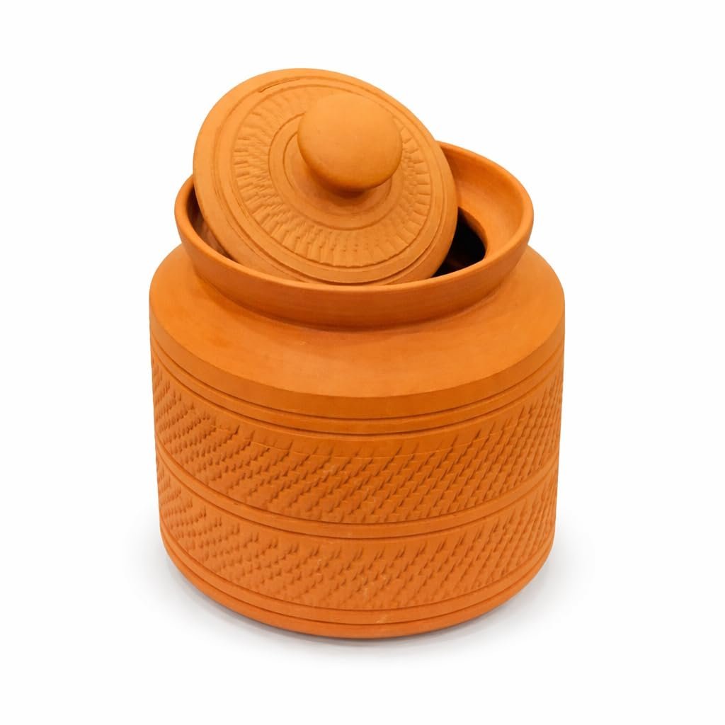 SHOPMEFAST Terracotta Storage Jar with Lid, Earthenware Clay Pot, Handcrafted Textured Design, 4.5 x 3.5 Inches (1)