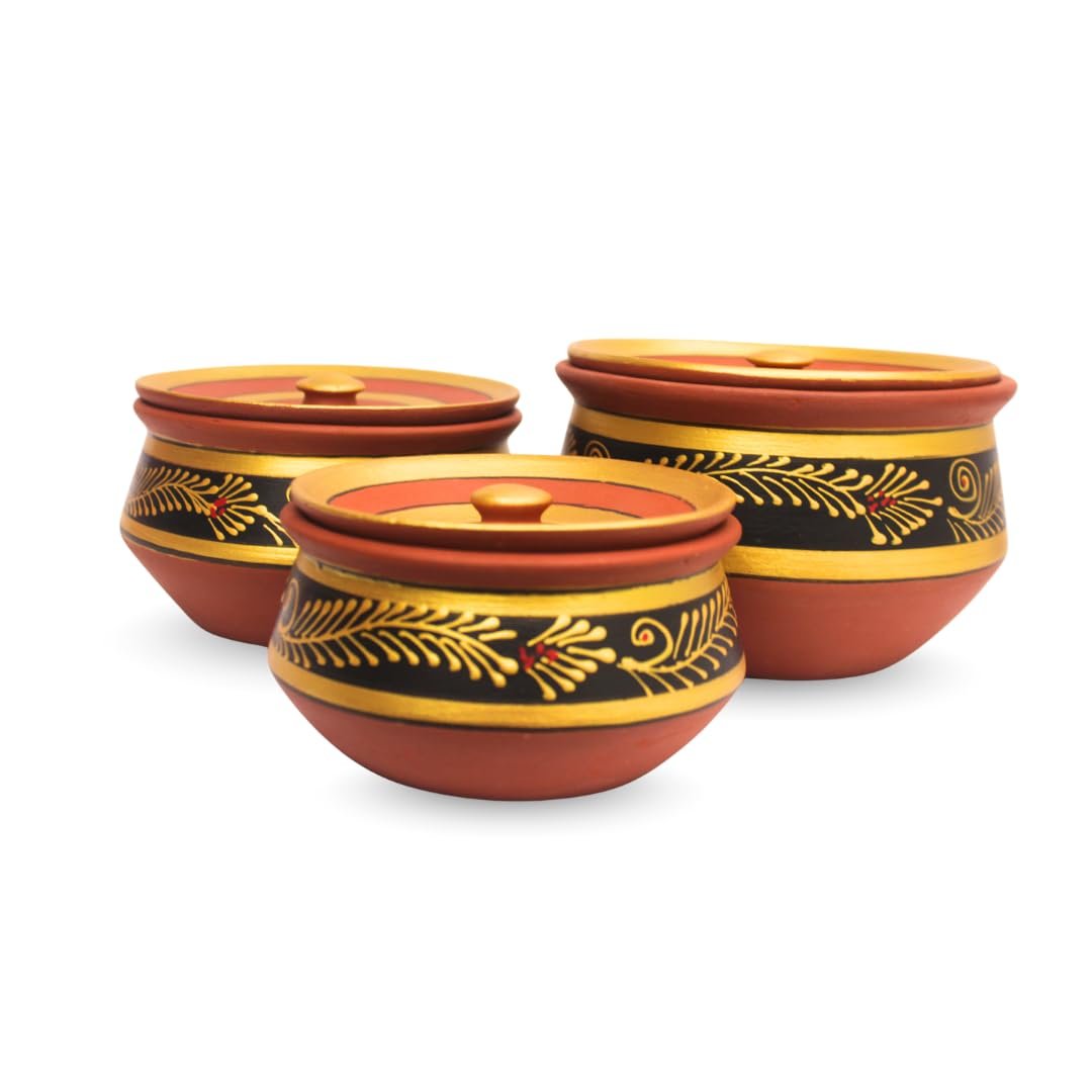 Black Clay Handi Set of 3 with Lids | Handmade Natural Mitti Cookware | Eco-Friendly Clay Pots for Authentic Indian Flavors