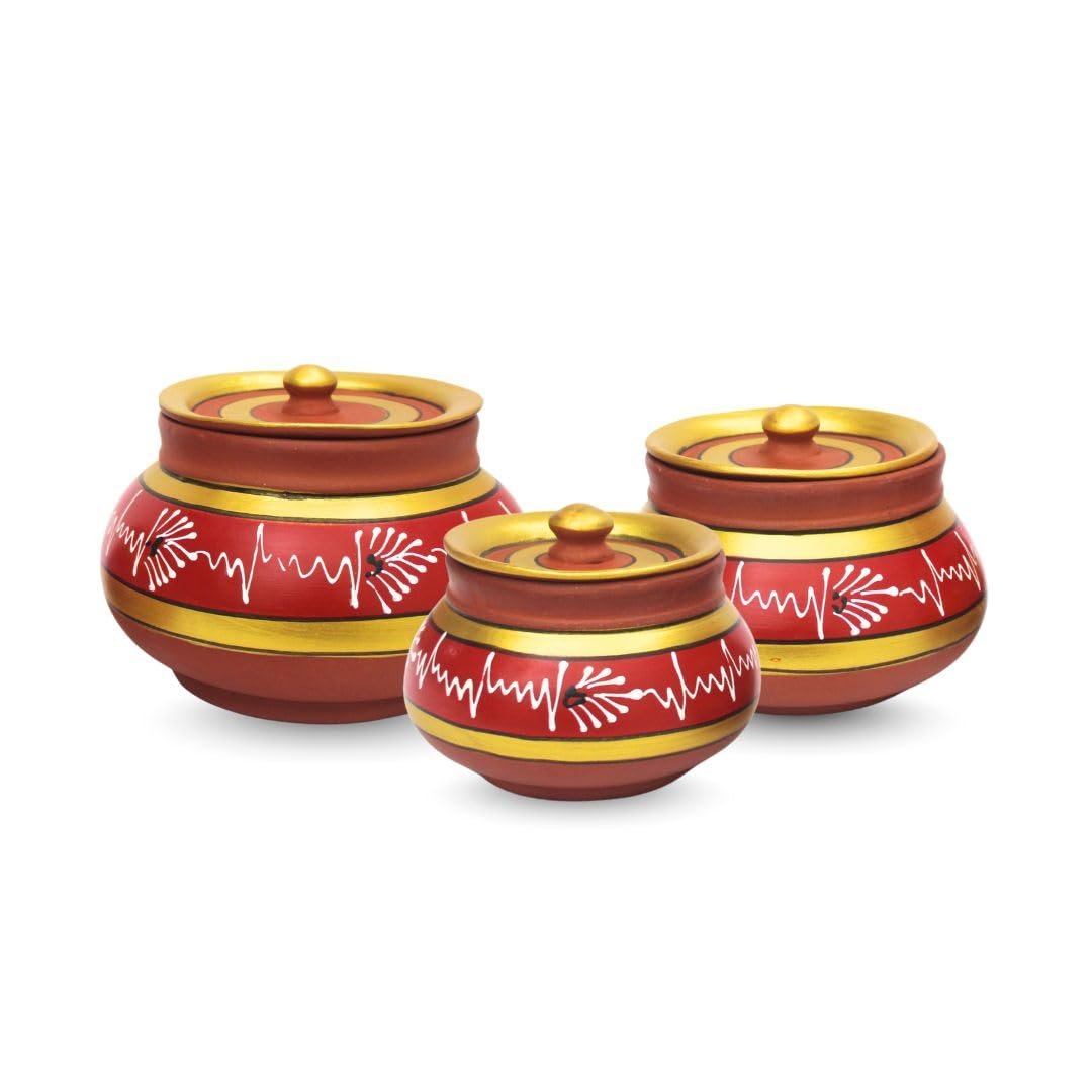 Painted Red Clay Mathni Set of 3 | Natural Mitti Pots with Lids | Handmade Earthen Containers for Curd, Lassi & Fermenting