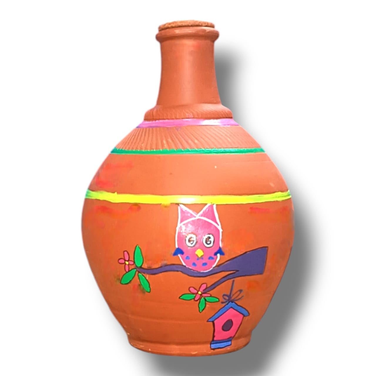 Bells and Glitters Terracotta Clay Bulb Shaped Pitcher with LID | Unique OWL Design Water JUG/Pitcher/SURAHI | 1.6 L | ECO Friendly