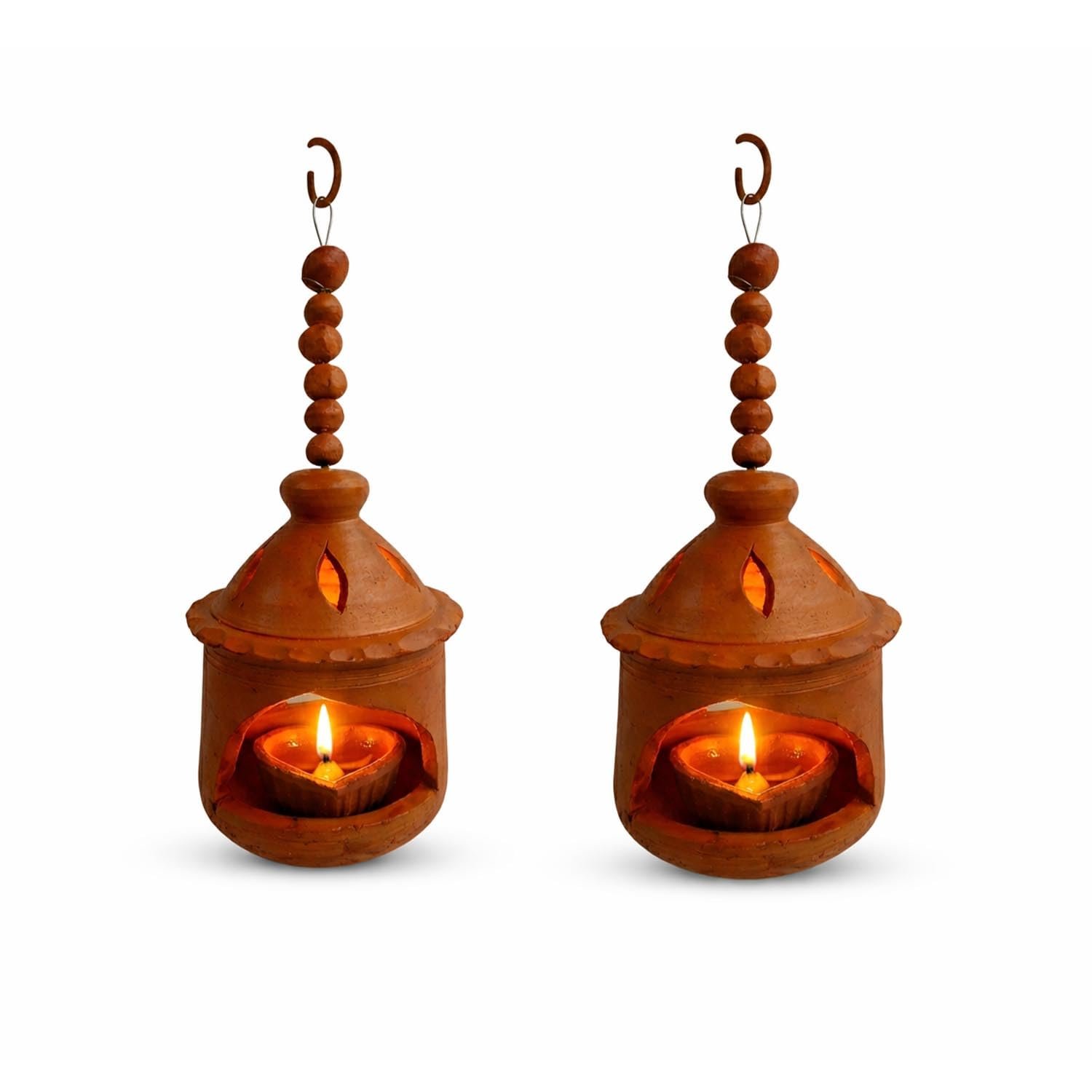 Karthika Heritage Decor Handmade Clay Hanging Lanterns (Pack of 2), Traditional Terracotta Oil Lamp Diyas for Pooja, Diwali & Home Décor