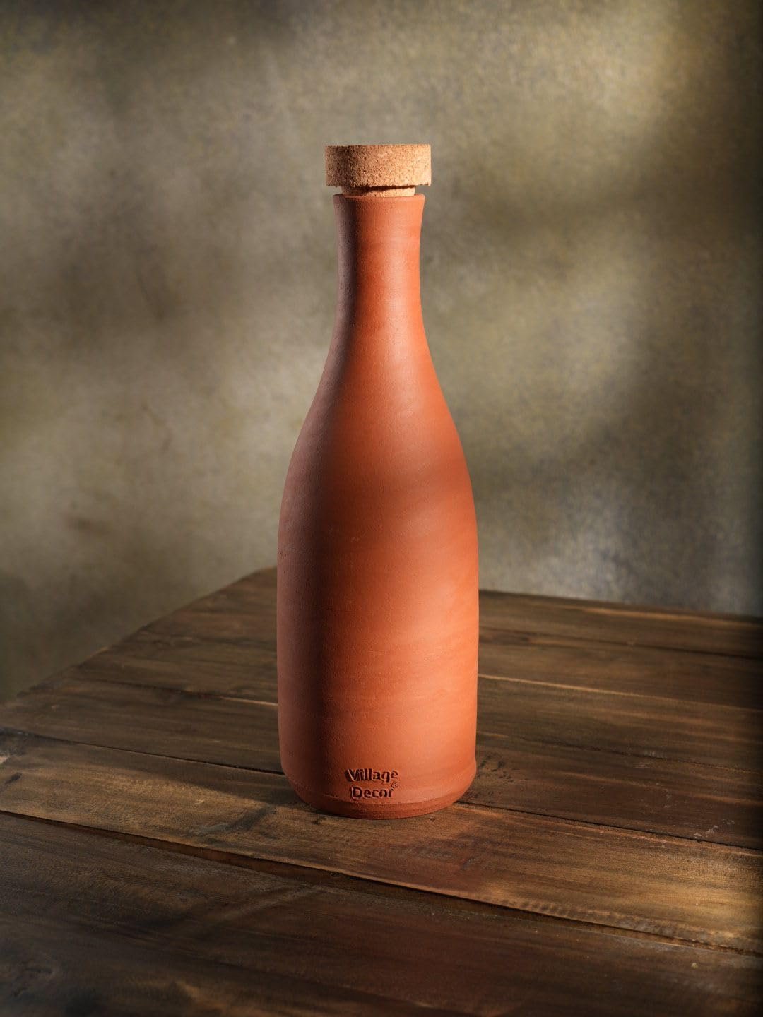 Clay Preseasoned Terracotta Water Bottle With Lid 800 Ml (Cork Water Bottle-800Ml), Brown