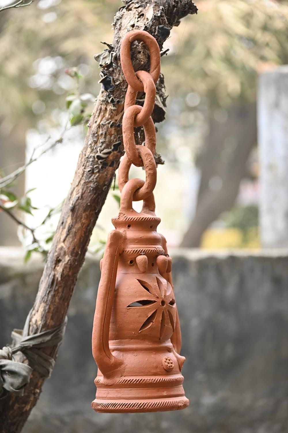 Meejon Home Decorative Showpiece Hanging Lalten| Ideal for Balcony | Table | Garden, Toy Earthen Clay Brown Handmade Traditional Decorative Lamp-Lantern- Pack of 1 (30 x 15 x 15 cm)