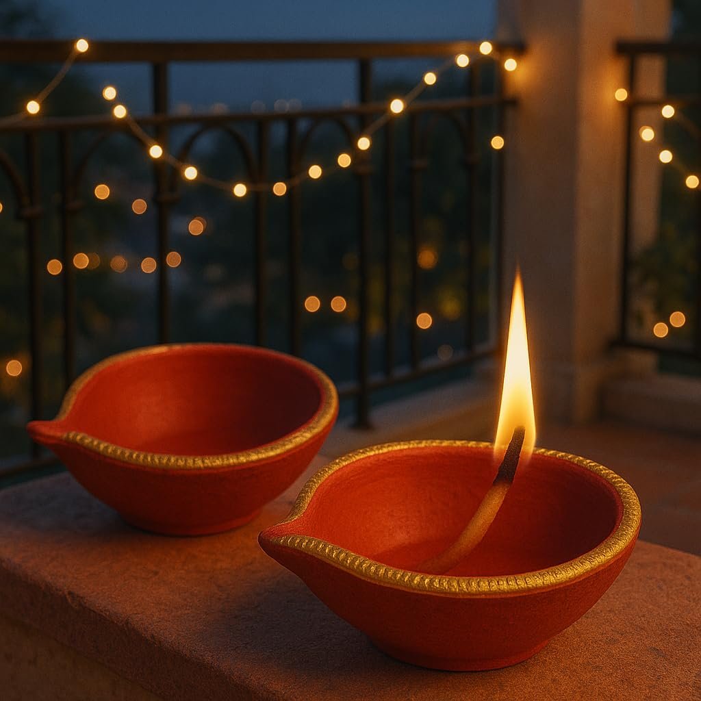 Pure Source India Traditional Handmade Earthen Clay Big Size Diya for Laxmi Poojan Multi Colour, 2 Piece
