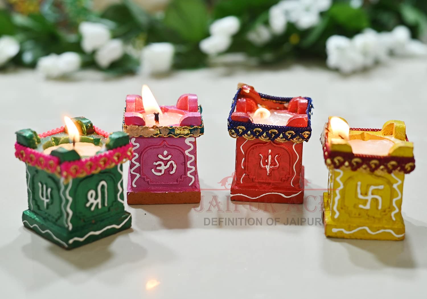 Jaipur Ace Decorative Tulsi Diya for Diwali | Traditional Handmade Terracotta Clay Mitti Deepak | Puja and Home Decoration Set of 4, Multicolor (Tulsi Wax)