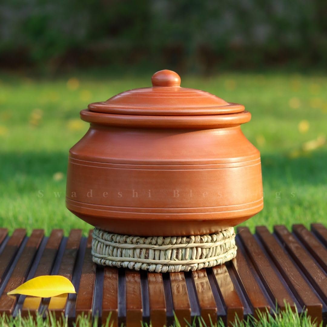 Swadeshi Blessings Unglazed Clay Pot for Cooking with Lid/Lead Free Clay Cooking Pot/Earthen Pot/Clay Handi/Earthen Kadai/Curry, Biryani Pots & Free ASH for Cleaning (3L)