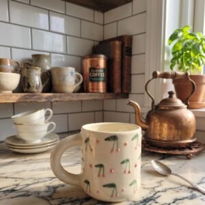 Handmade Ceramic Coffee Mug with Cherry Print Design