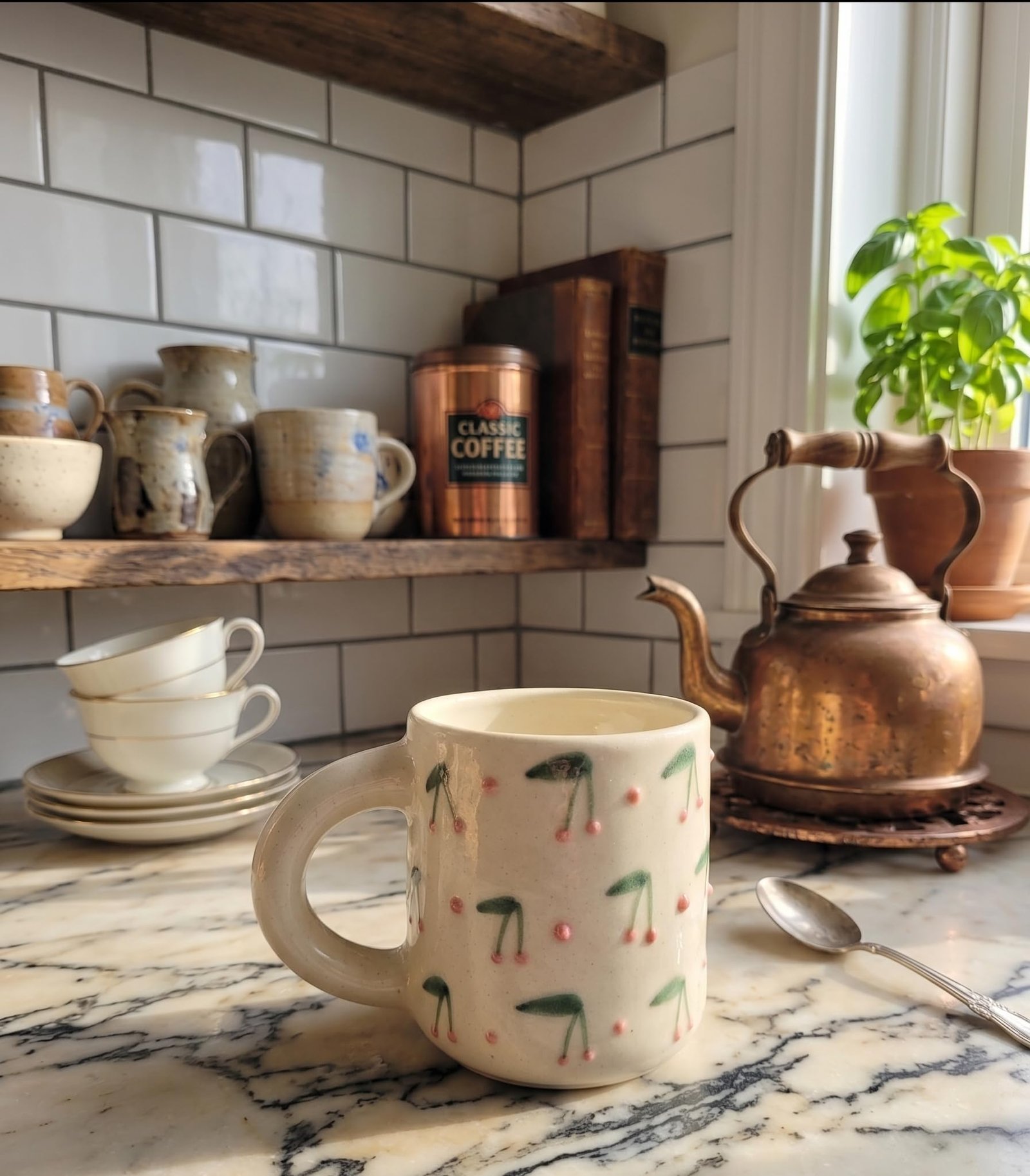 Handmade Ceramic Coffee Mug with Cherry Print Design