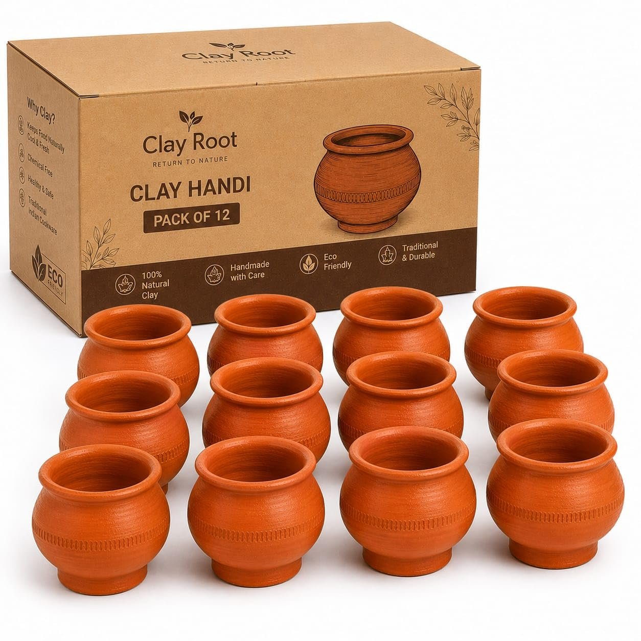 Clay Root Traditional Terracotta Clay Curry Pot Handmade | 100% Natural Earthen Mitti Matki | Red Clay Cooking Pot for Curry, Dal, Sabzi, Pizza Baking & Serving | Eco-Friendly Kitchen Cookware (12)