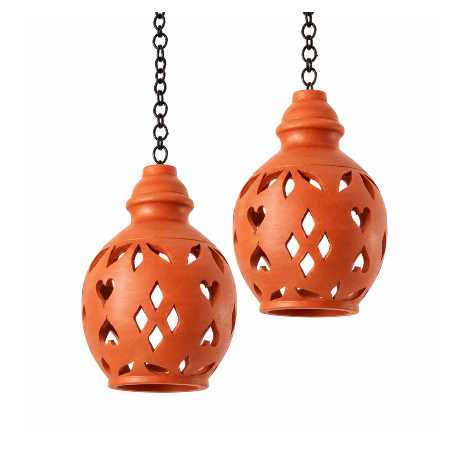 Handmade Terracotta Hanging Lamp Shade Set of 2 with Metal Chain | Natural Clay Decorative Pendant Lamp Shade | Rustic Home Decor for Balcony, Living Room, Garden & Pooja Room