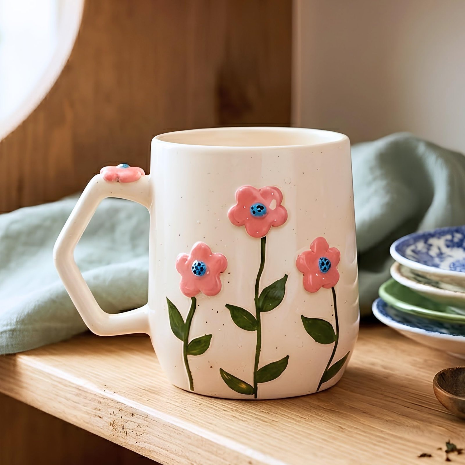 Ninasa Handpainted Ceramic Coffee Mug | 3D Embossed Pink Flowers & Green Leaves Design | 240 ml Floral Tea Cup | Artisan Pottery Mug for Coffee & Tea