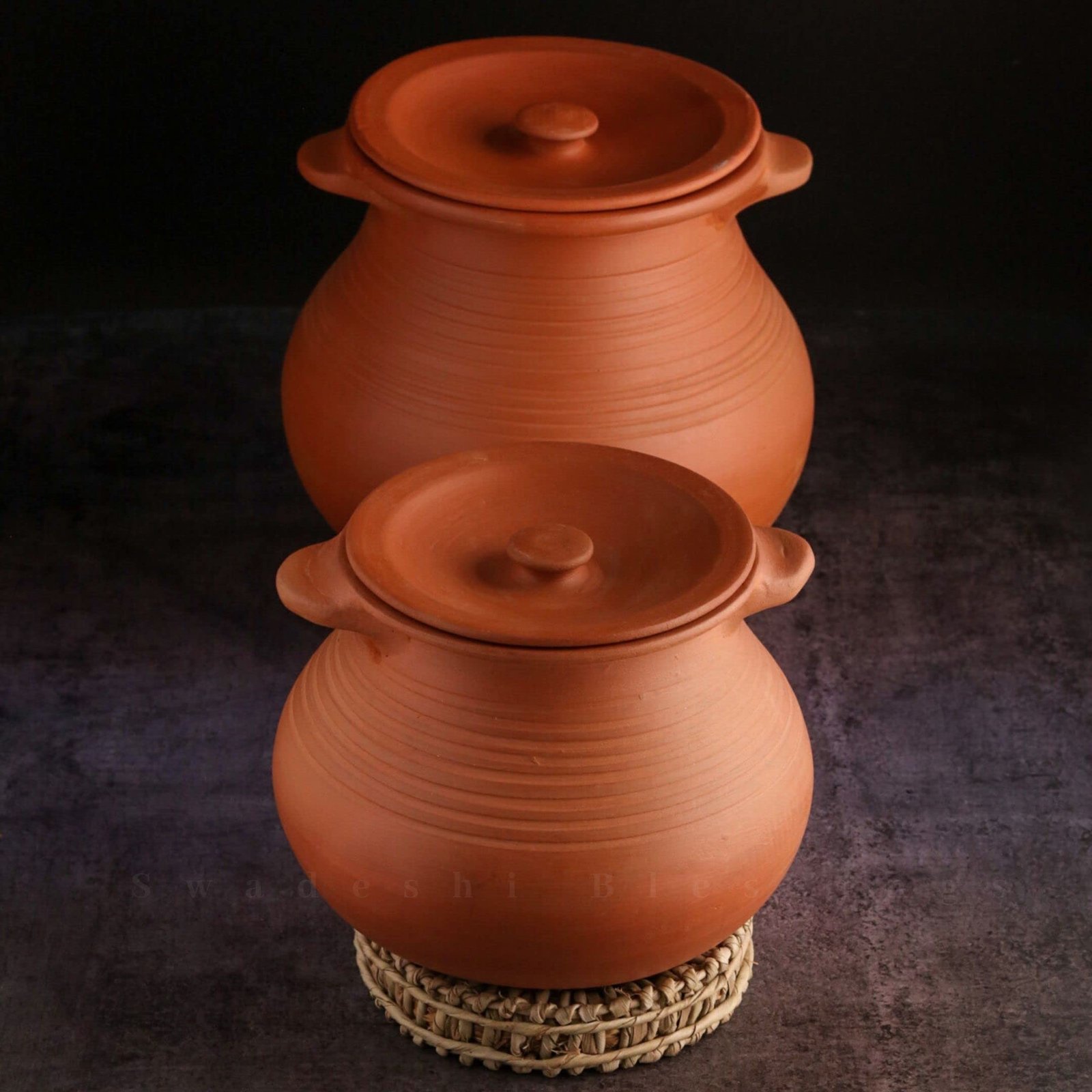 Swadeshi Blessings Exclusive Range Unglazed Clay Pot for Cooking & Serving with Lid/Earthen Kadai/Mud Handi/Mitti Ke Bartan (with Mirror Shine) + ASH for Cleaning (Combo-2&3 Liters)