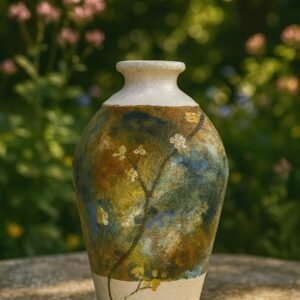 Zorvia Hand-Painted Terracotta Vase, 9.5" (24 cm) — Botanical Blossom Design, Artisan Decorative Pottery with Gold Accents for Living Room, Entryway, Dining Table, Bedroom and Garden