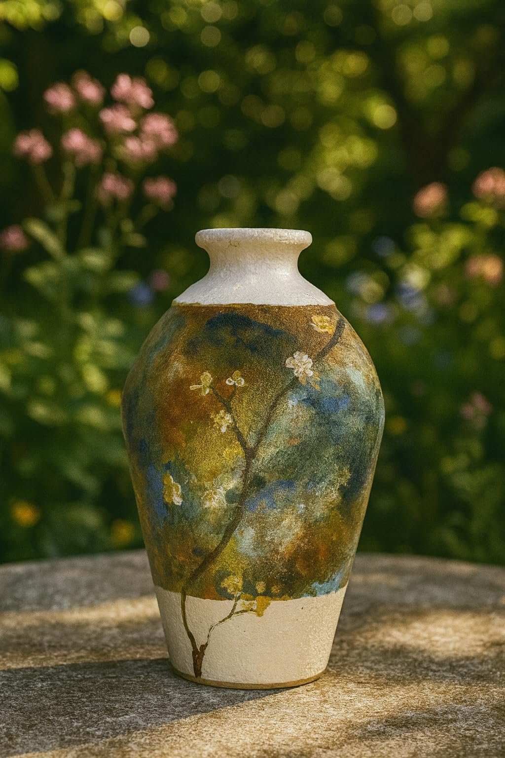 Zorvia Hand-Painted Terracotta Vase, 9.5" (24 cm) — Botanical Blossom Design, Artisan Decorative Pottery with Gold Accents for Living Room, Entryway, Dining Table, Bedroom and Garden