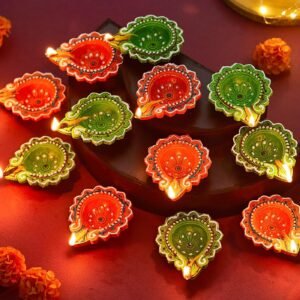 TIED RIBBONS Pack of 12 Large Handmade Clay Diwali Diyas Earthen Oil Lamp Diwali Diya for Diwali Decoration Item Home Puja Office Pooja Room Mandir Temple Table Dipawali (Multi, 7.8 cm x 2.5 cm)